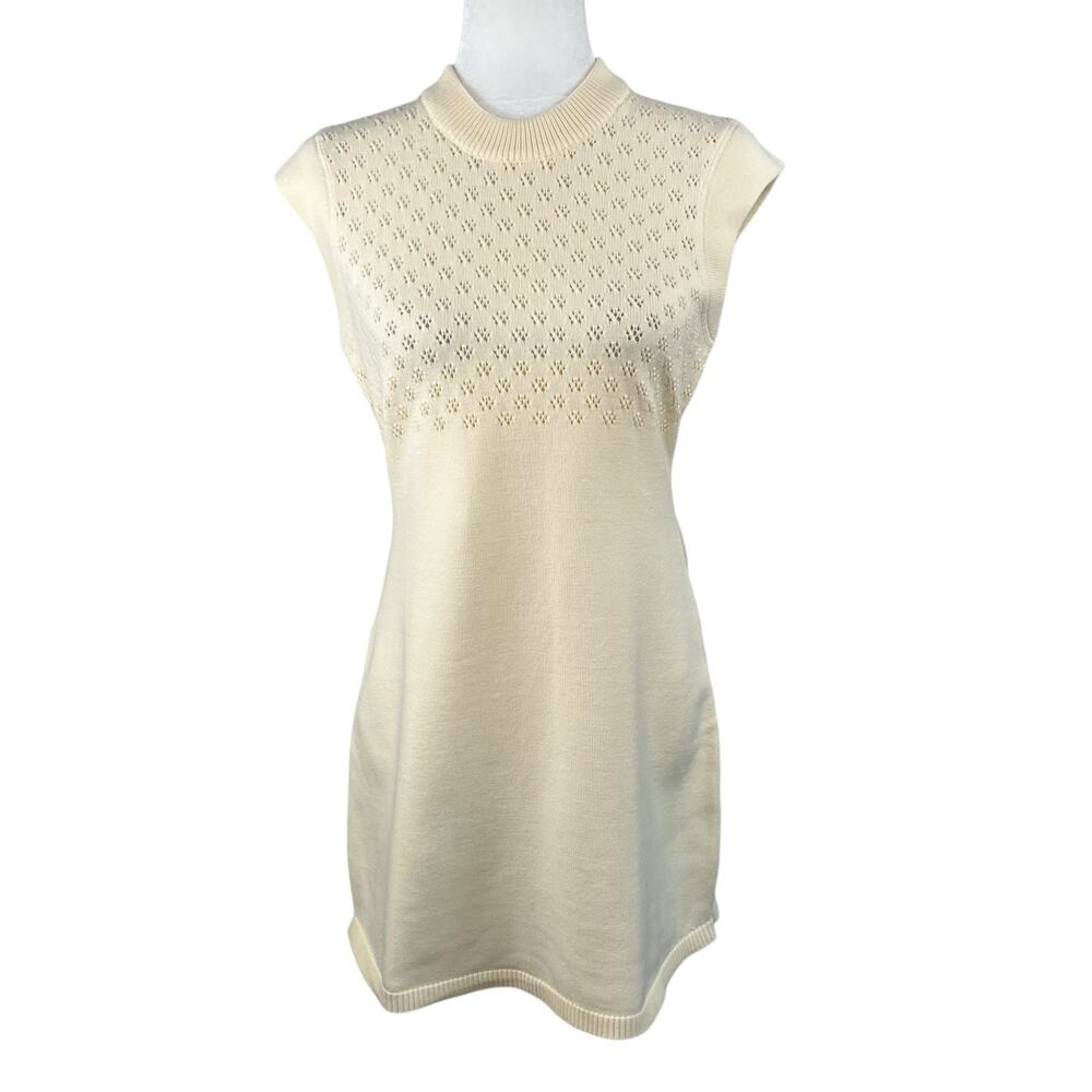 Rumored Ivory Cream Birkin Knit Crew Neck Mini Dress Eyelet Bodice NWT Large - Picture 2 of 14